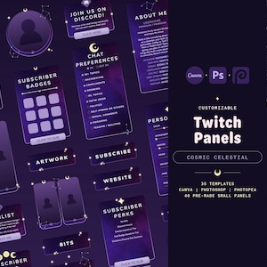 May include: A set of customizable Twitch panels with a cosmic celestial theme. The panels feature a purple and black color scheme with gold accents and a starry night sky background. The panels include sections for about me, subscriber perks, chat preferences, artwork, and more.