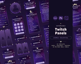 May include: A set of customizable Twitch panels with a cosmic celestial theme. The panels feature a purple and black color scheme with gold accents and a starry night sky background. The panels include sections for about me, subscriber perks, chat preferences, artwork, and more.
