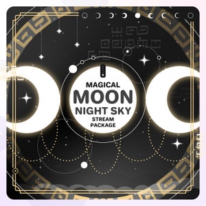 Magical Moon Night Sky Black and Gold Celestial Twitch Overlay Package, Starry Night Sky, Dreamy Midnight Stars, Cloudy Sky, Goth Moon