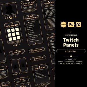 Black and Gold Moon Celestial Twitch Customizable Panels | 35 Templates | .PSD Files | Canva | 40 Pre-Made Small Panels