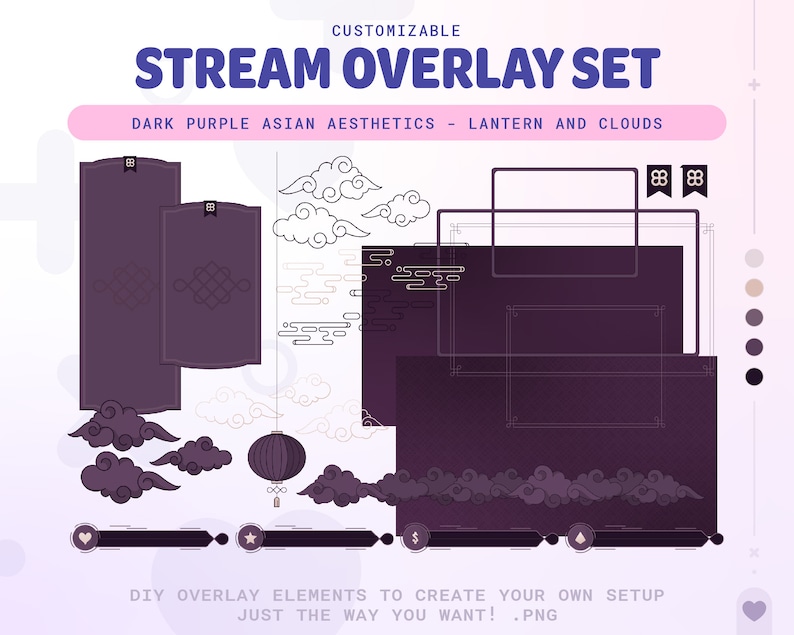 May include: A customizable stream overlay set with a dark purple Asian aesthetic. The set includes a lantern, clouds, and various frames. The text "DIY OVERLAY ELEMENTS TO CREATE YOUR OWN SETUP JUST THE WAY YOU WANT! .PNG" is at the bottom of the image.