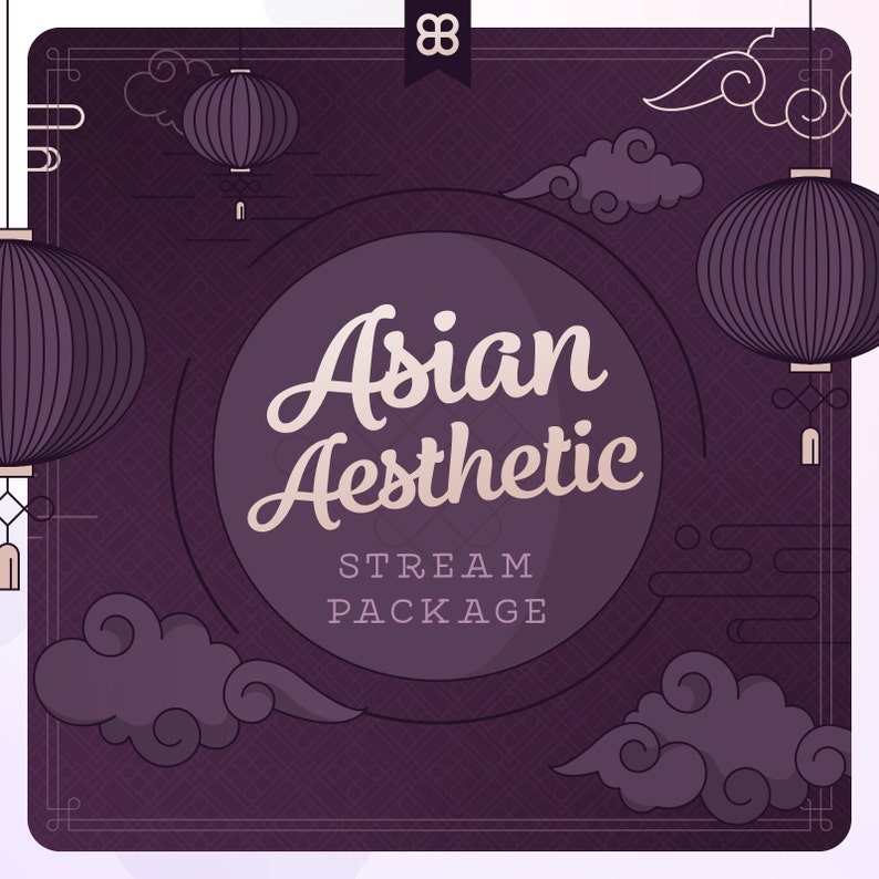 May include: Purple and white Asian aesthetic stream package graphic with the text "Asian Aesthetic" and "Stream Package" in a circle. The graphic features traditional Asian design elements such as clouds, lanterns, and a patterned background.