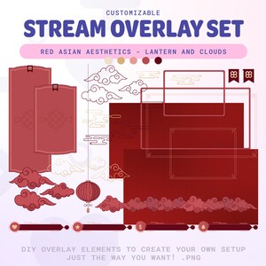 Red Asian Aesthetic Twitch Overlay DIY with Camera & Chat Borders, Static Alerts, Backgrounds, Graphics for you Stream Setup