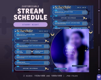 Starry Night Customizable Celestial Stream Schedule | 2 Templates | .PSD Files
