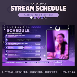Puede incluir: Plantilla de programación de transmisión personalizable con un tema de cielo nocturno de luna mágica. El diseño presenta un diseño de programación con fechas, horas y descripciones de eventos. Incluye una imagen borrosa de una persona en una tableta y redes sociales.