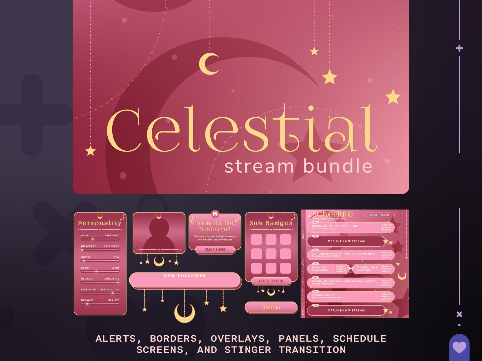 Pretty Pink Celestial Animated Overlay Stream Package | Moon and Starry ...