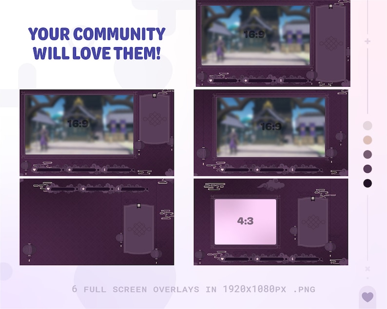 May include: Six purple and white overlay templates for streaming on Twitch or YouTube. The overlays feature a 16:9 and 4:3 aspect ratio and include the text "16:9" and "4:3".