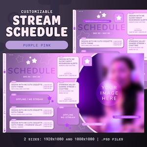 Cronograma de transmissão de estrelas cósmicas personalizável em roxo e rosa | 2 modelos | Arquivos .PSD
