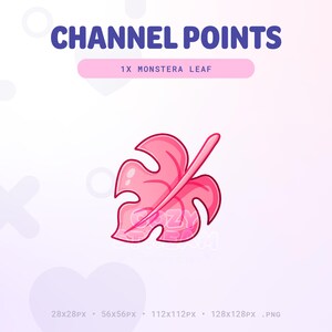 May include: Pink cartoon monstera leaf illustration. 1x Monstera Leaf. 28x28px, 56x56px, 112x112px, 128x128px. PNG.