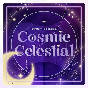 Pacote de sobreposição animada Twitch Cosmic Celestial Purple, sobreposição Galaxy Twitch, para Vtubers e Streamers, estrelas místicas, brilho da faísca lunar