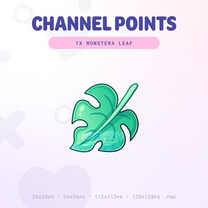 May include: A green monstera leaf illustration with a white background. The text "CHANNEL POINTS" and "1X MONSTERA LEAF" is above the leaf.