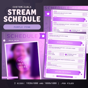 Cronograma de transmissão de estrelas místicas personalizáveis em roxo e rosa | 2 modelos | Arquivos .PSD