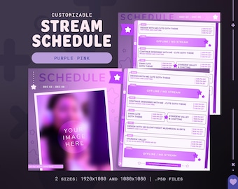 May include: Customisable purple and pink stream schedule template with a blurred image placeholder. The schedule includes dates, times, and descriptions for each stream. The text "DESIGN WITH ME CUTE GOTH THEME" is visible.