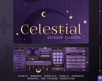 Könnte beinhalten: Ein violettes und goldenes Twitch-Stream-Paket mit Grafiken für Benachrichtigungen, Rahmen, Overlays, Panels, Zeitplan-Bildschirme und Stinger-Übergänge. Der Text "Celestial stream bundle" ist in goldenen Buchstaben.