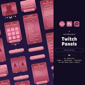 May include: A collection of customizable Twitch panels in shades of pink and gold, featuring various designs like "About Me," "Sub Badges," and "Chat Preferences." The panels have a celestial theme and include text such as "Subscribe" and "Website."