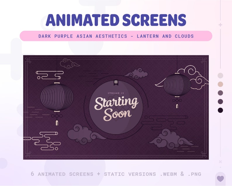 May include: Animated screen overlay with a dark purple background, featuring a stylized white circle with the text "Starting Soon" and a stream number. The overlay also includes a stylized white lantern and clouds.
