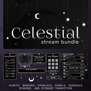 Classic Black and White Celestial Twitch Overlay Package, Starry Night Sky, Dreamy Midnight Stars, Minimal Celestial, Cloudy Sky, Goth Moon