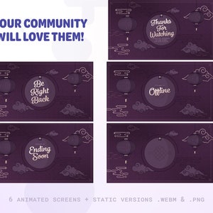 May include: Six animated screens with purple backgrounds and white outlines. The screens feature various text overlays, including "Be Right Back", "Ending Soon", "Thanks For Watching", and "Offline". Each screen also includes a design of hanging lanterns and clouds.