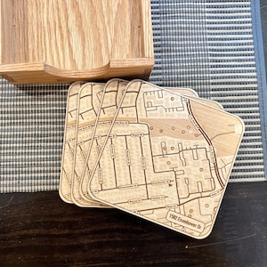 Custom Wood Coasters with Engraved Street Map | Address of your choice | Includes Coaster Holder | Perfect House-Warming Gift | Realtor Gift