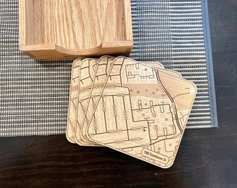 Custom Wood Coasters with Engraved Street Map | Each Coaster has a unique map of the address of your choice | Perfect House-Warming Gift
