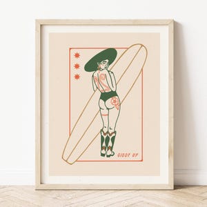 Impression d'art cowgirl surf : décoration murale bohème côtière vintage