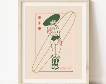 Surf Cowgirl-konsttryck: Vintage kustboho väggdekoration