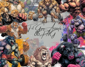 Clipart de animais de academia, animais musculosos levantando pesos PNG (Download digital, 86 arquivos)