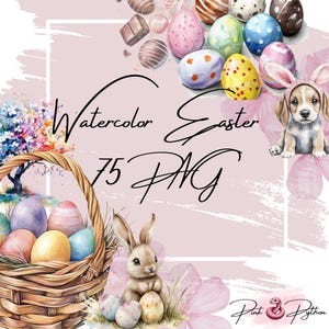 Watercolor Easter Clipart: Bunny, Eggs, and Pets (PNG Files, Digital Download)