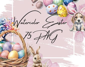 Clipart de Páscoa em aquarela: coelho, ovos e animais de estimação (arquivos PNG, download digital)