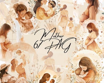 Watercolor Pregnancy Clipart: Mother's Day PNG Images (Digital Download)