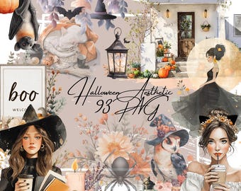Akvarell Halloween Clipart-paket: Häxa, Pumpor, Svart Katt (digital nedladdning av PNG)