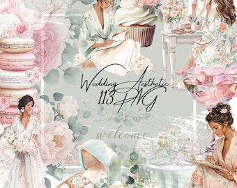 Pacote de Clipart para Manhã de Noiva | Conjunto de PNGs para Casamento Romântico