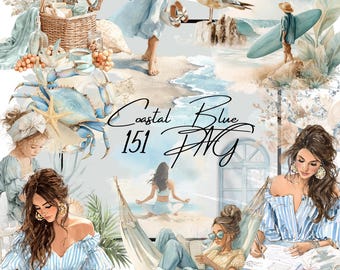 Clipart de aquarela costeira, PNGs de praia e oceano, piquenique de verão (uso comercial)