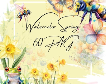 Clipart de primavera em aquarela: abelha, sapo e flores (download digital em PNG)