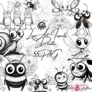 Clipart insectes Lineart, lot de cliparts insectes, Lineart Doodle PNG, Clipart coléoptères, Clipart livre pour enfants, clipart noir blanc, Bugs PNG