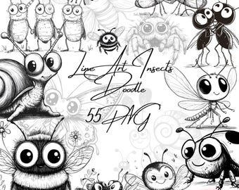 Pacote de clipart de insetos com arte de linha: Doodle de insetos PNG (download digital)