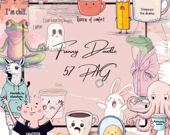 Funny Doodle Clipart: Hand-Drawn PNG Illustrations (Instant Download, 57 Files)