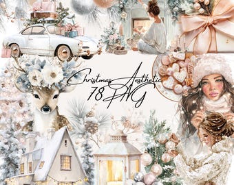 Aquarell Weihnachts Clipart | Feiertag Hirsch, Mädchen, Geschenke (PNG Download)