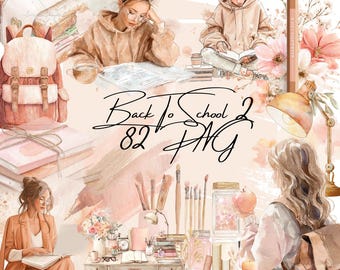 Clipart de volta às aulas em aquarela: Cozy Study Girl, artigos de papelaria de outono (download digital)