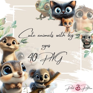 Cute Animals Clipart PNG, Funny Animals Clipart, Big Eyes Clipart, High Quality Transparent PNGs, Instant Download, Cartoon Pet prints
