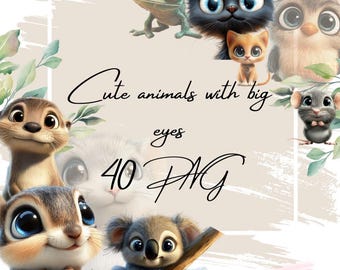 Pacote de Clipart de Animais, Olhos Grandes, PNGs Transparentes (Download Instantâneo)
