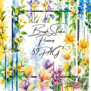 Op de afbeelding: Een digitale kunstset met 59 aquarel penseelstreken bloemen in PNG-formaat. De bloemen zijn in verschillende kleuren, waaronder geel, blauw, roze, paars en wit. De bloemen zijn willekeurig gerangschikt op een witte achtergrond.