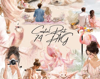 Clipart de aquarela rosa costeira, PNGs de praia, cenas românticas do oceano, garotas da moda, vida marinha, flamingo, polvo, PNGs de estética de verão boho