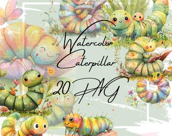 Clipart de lagarta em aquarela: ilustração de livro infantil (uso comercial, download digital)