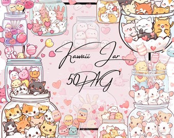 Clipart de animais kawaii em potes, imagens PNG (download instantâneo)