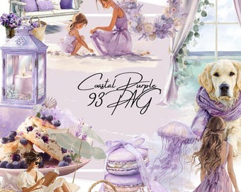 Pacote de Clipart Costeiro Roxo | Praia em Aquarela PNG (93 Arquivos)