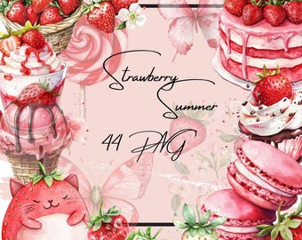 Clipart de morango em aquarela: Frutas de verão PNG (download digital, 4096x4096 px, 300 DPI)