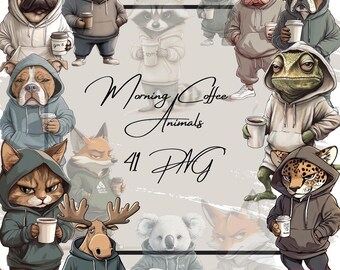 Animals in Hoodie Clipart: Coffee PNG for T-Shirts (Digital Download, 4096x4096 px, 300 DPI)