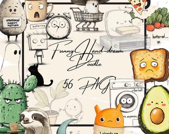 Funny Doodle Clipart: Avocado Toast & Text PNGs (Digital Download)