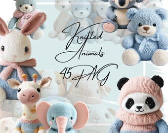 Clipart de animais de malha: decoração de berçário em estilo crochê (download digital em PNG)